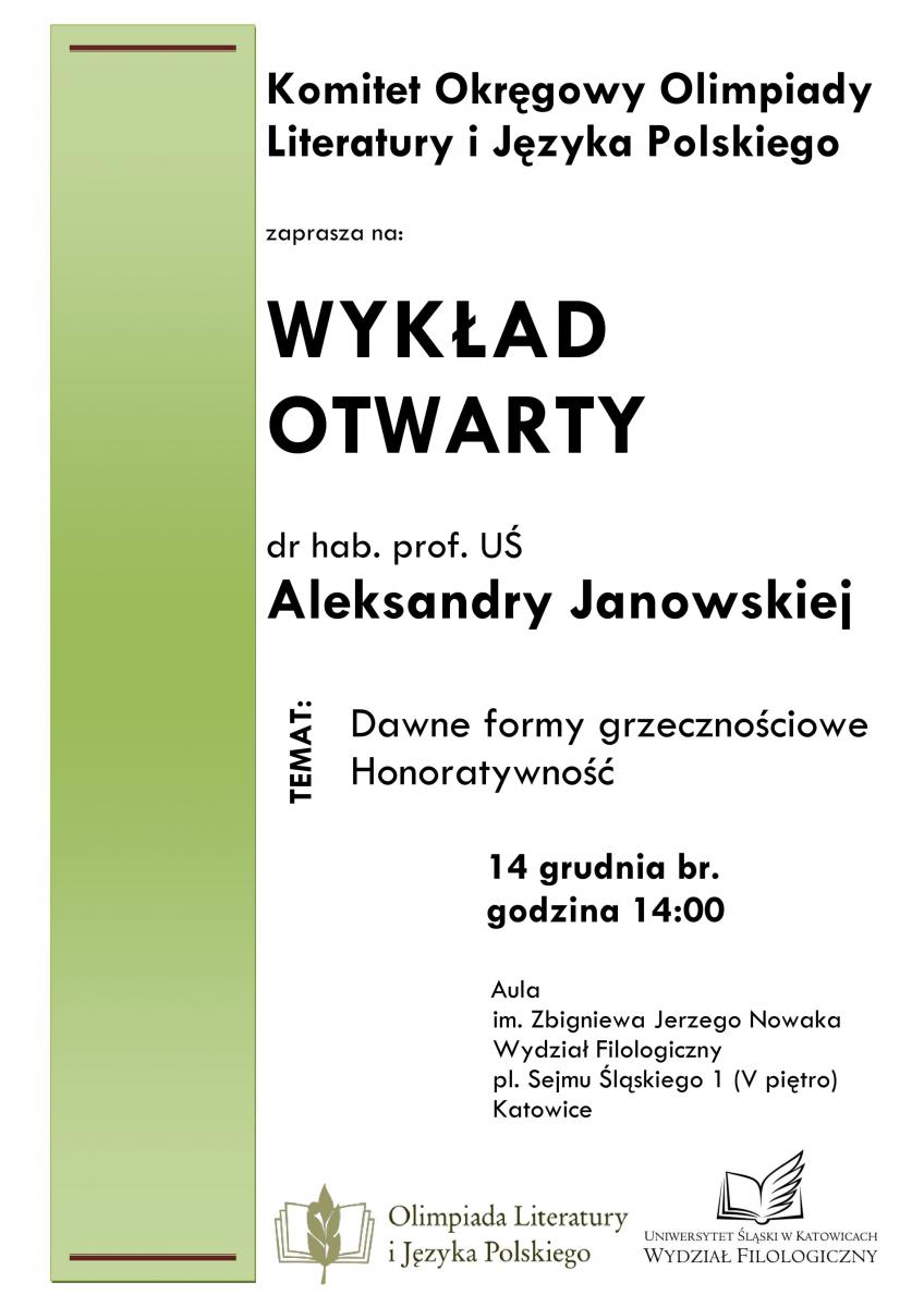 Plakat promujący wykład prof. Aleksandy Janowskiej