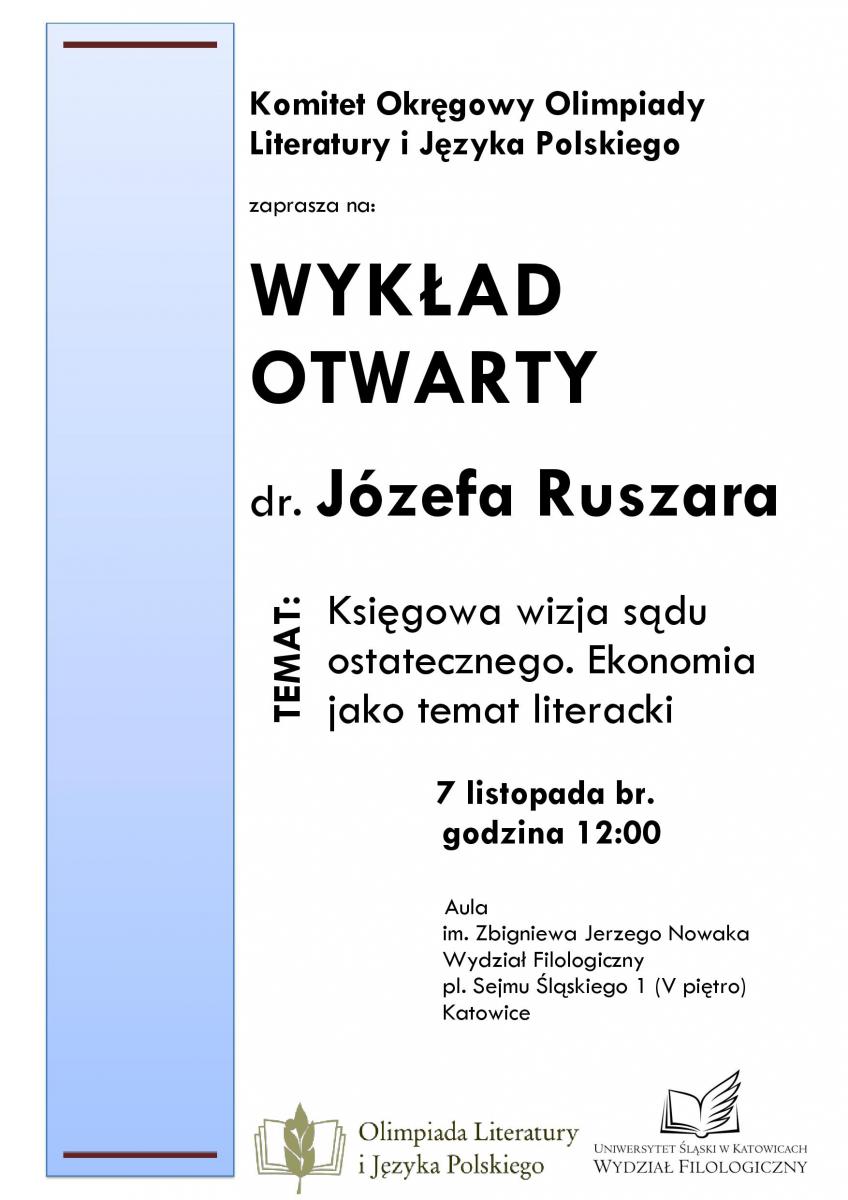 Plakat promujący wykład dr. Józefa Ruszara